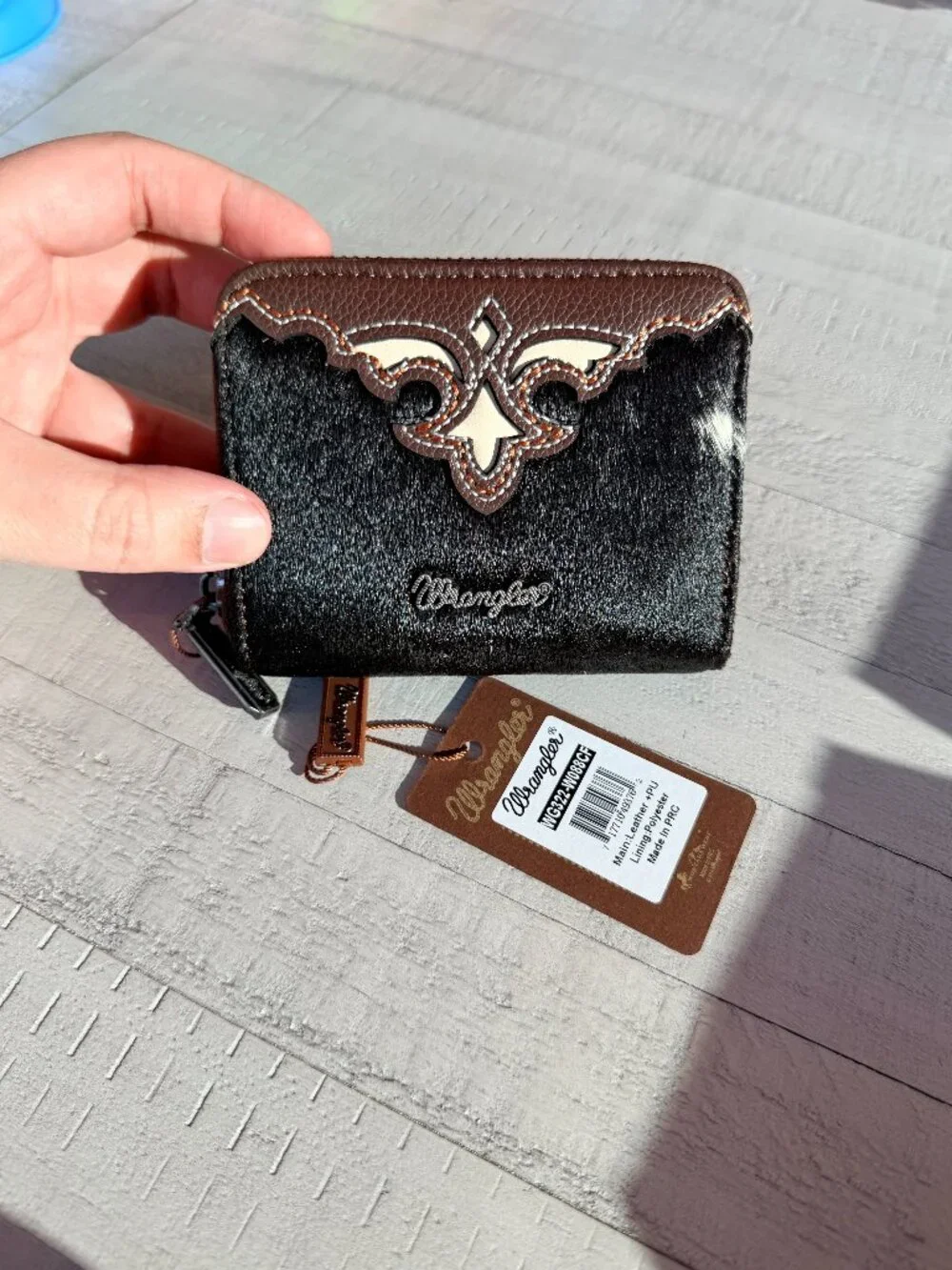 Wrangler Genuine Hair-On Cowhide Zip-Around Wallet - Coffee